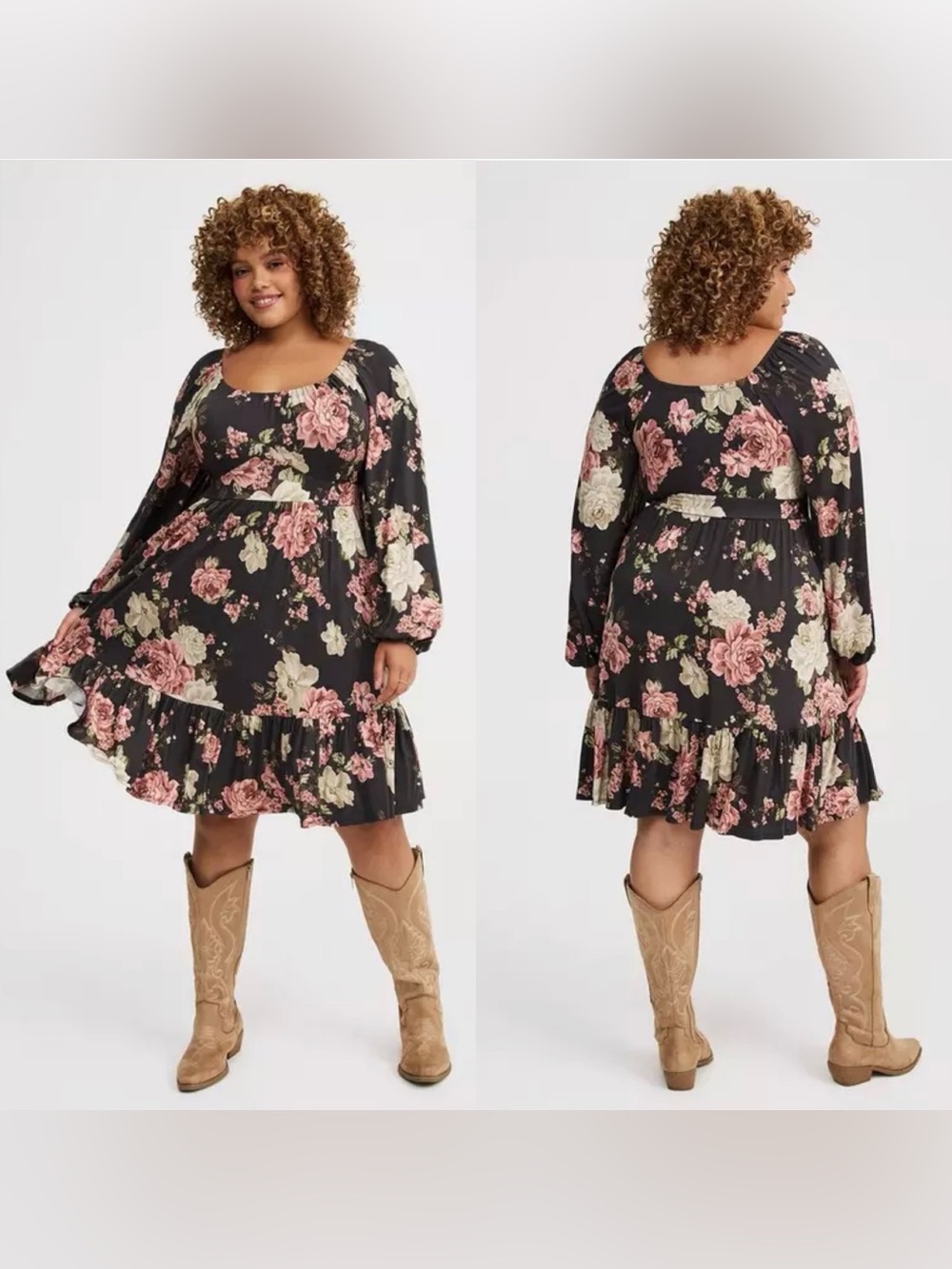 Torrid Floral Scoop-Neck Long Sleeve Ruffle Hem Dress